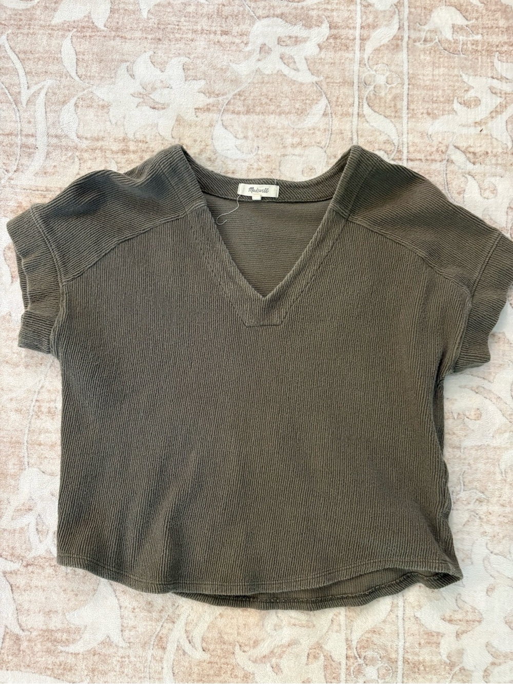 Madewell Olive Ribbed V-Neck Short Sleeve Top